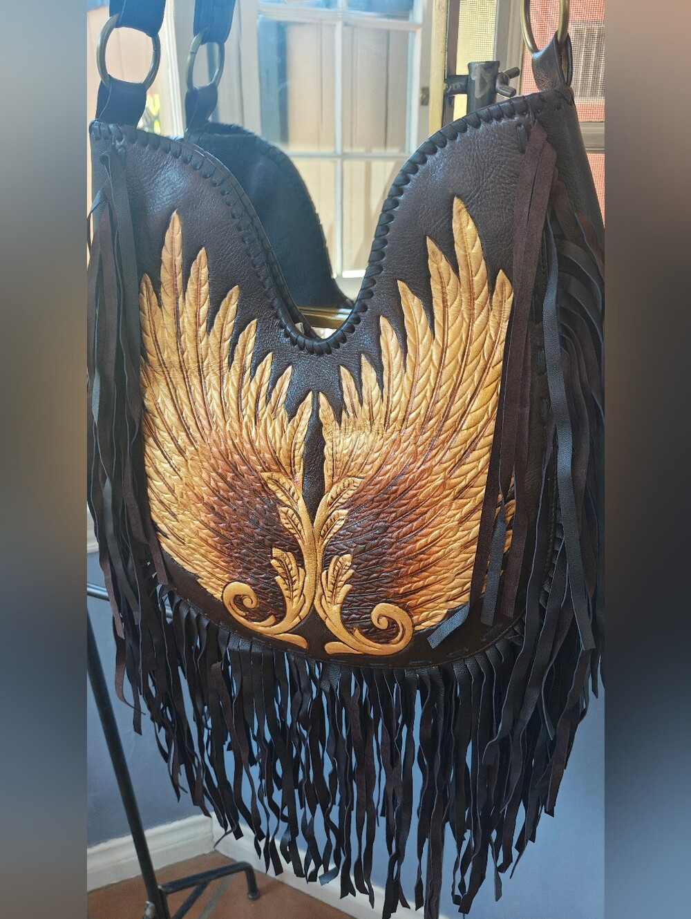 Jodi Lee Fly So High Fringe Bag with Gold Wing Embossing, Chocolate Brown